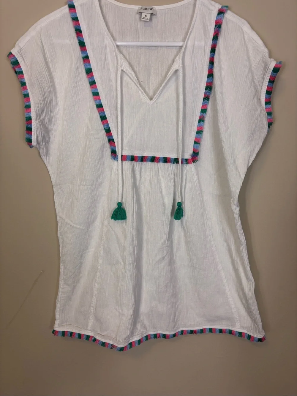 J. Crew White Gauze Tassel Trim V-Neck Top with Multicolor Stripe Small
